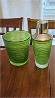 Green Satin Wavy Glass Cocktail Shaker/Ice Bucket