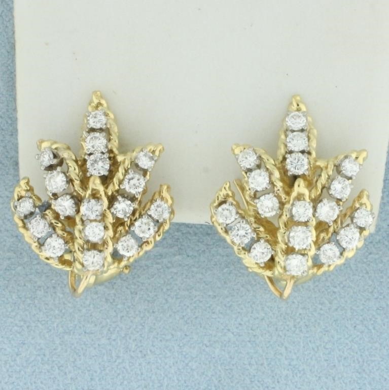 Diamond Leaf Design Clip On Earrings in 18k Yellow
