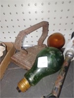 Cast Iron Hand Iron, Vtg. Green Light Bulb and