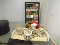 Hand Painted Tray, Cups, Saucers, Oriental