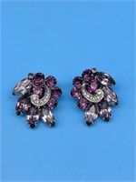 Purple Rhinestone Senberg Earrings Clip - On