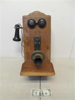 Old Wood Wall Telephone w/ Brass Receiver -