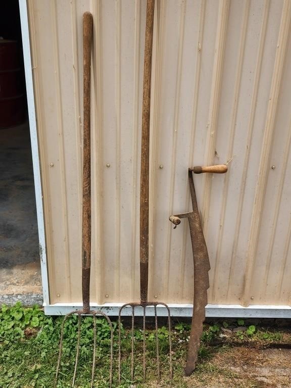 2 Primitive Pitch Forks and Hay Knife