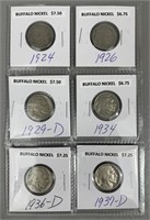 Six Various Date Buffalo Nickels