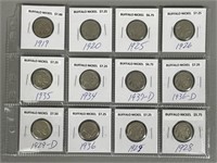 Twelve Various Date Buffalo Nickels