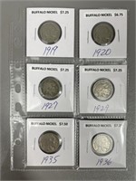 Six Various Date Buffalo Nickels