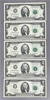 Five Uncirculated 2003 Two Dollar Bills