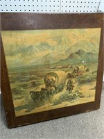 VINTAGE FOLDING CARD TABLE W/ WAGON TRAIN SCENE -