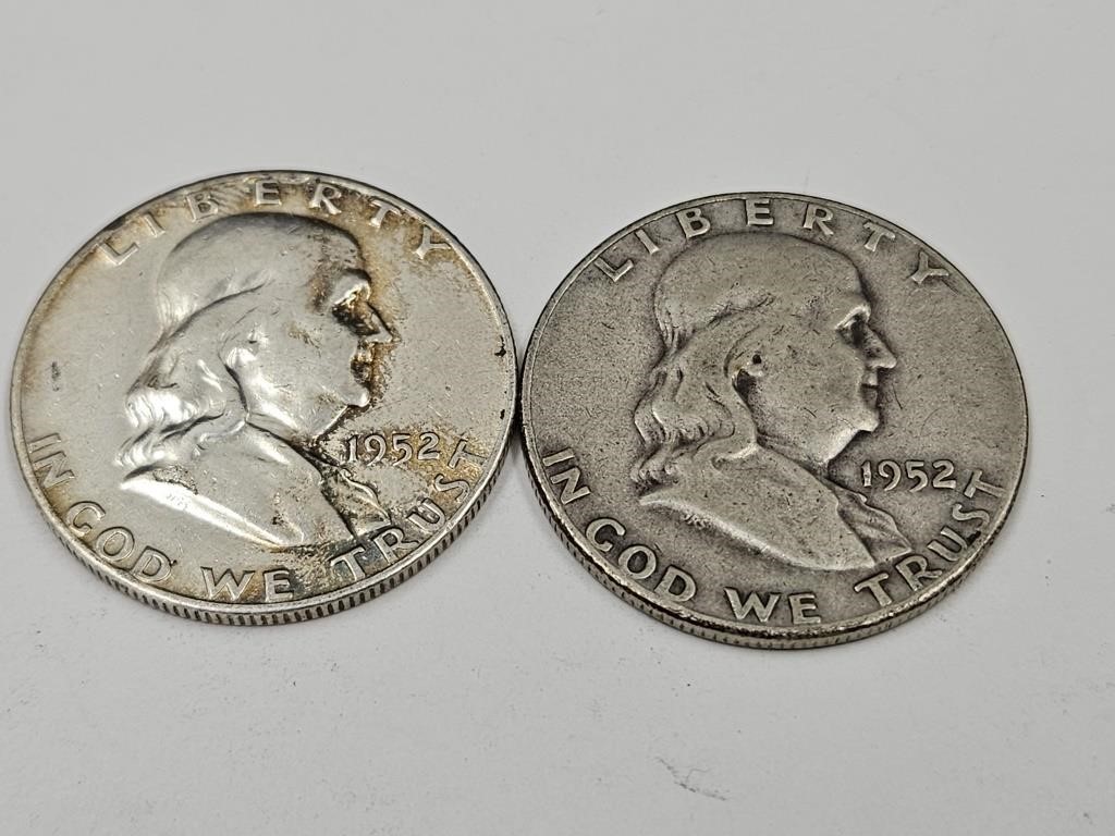 2- 1952 Franklin Silver Half Dollar Coins