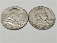 2- 1952 Franklin Silver Half Dollar Coins