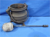 Antique Cast Iron Footed Cauldron w/Grinder Tool