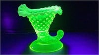 Vaseline uranium Glass Hobnail Cornucopia Vase