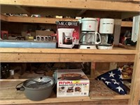 Indoor grill, coffee pots, misc on 2 shelves