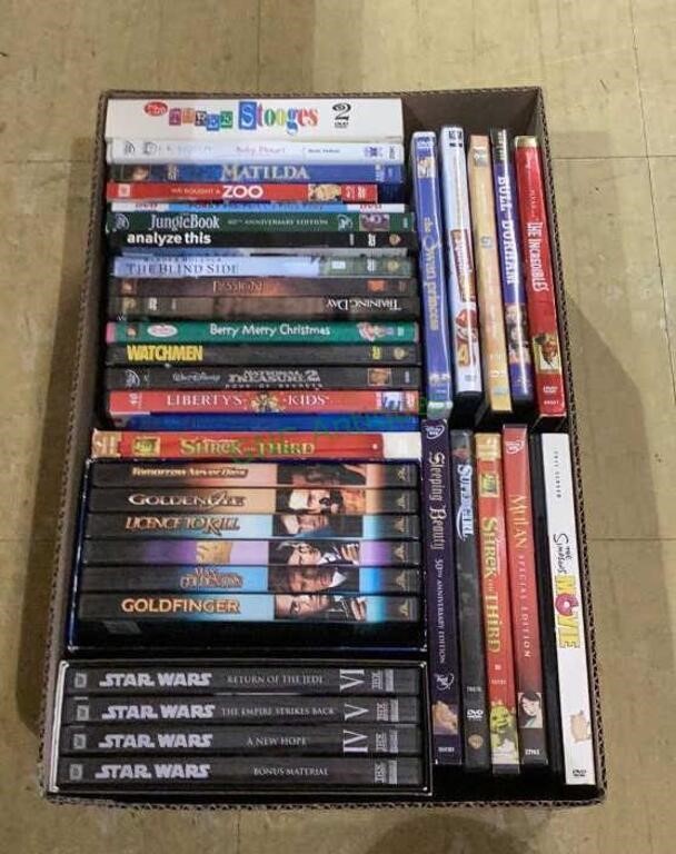 Box of 37 DVDs includes titles such as James