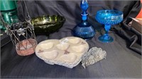 Stoneware Heart Dish, Blue Glass Decanter, & More