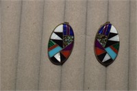 Vtg Clip Sterling Inlaid Stone Earrings