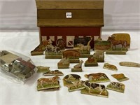 Vintage Red Wood Barn w/ Various Cardboard Animals