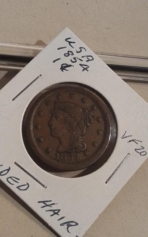 1854 US Braided Hair Cent VF20