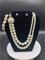 White Pearl Necklaces--Silver-Three pieces set