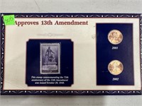 2001 & 2002 UNC CENTS W 13TH AMENDMENT STAMP