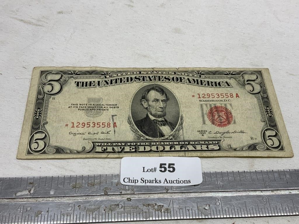 Red Seal Five Dollar Note, Rare Star Bill in