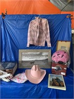 A size small pink helmet, pink cowboy hat,