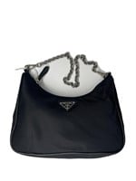 Silver Chain Strap Black Nylon Small Hobo Bag
