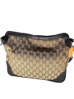 GG Brown Leather Beige Linen Hobo Bag