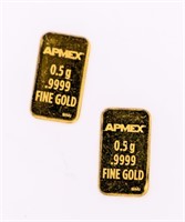 Coin (2) .05 Gram .999 Gold Bars   1 Gram Total