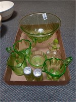 Early green glass bowl, cream & sugar, etc.