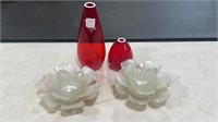 Two Red Vases and Two Glass Flower Candleholders