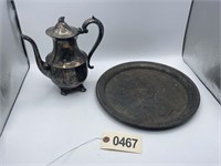 WM ROGERS TEA POT AND SERVING TRAY SILVER PLATED