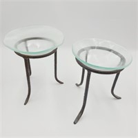 Hand Blown Clear Glass Bowl Pair on Iron Stands