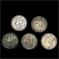 (5) Nickel Three Cents ((3) 1865, 1868, 1881)