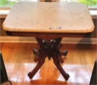 Walnut w/ Marble Top Ornate Side Table
