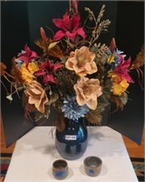 Large Vase w/ Floral Arrangement & (2) Bowls