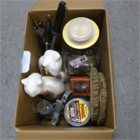 Box Lot of Ceramic Cats, Glass Canister Jar - Etc