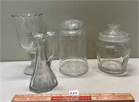 NICE LOT OF CLEAR GLASS WITH COVERED JARS
