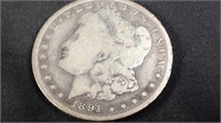 1891 o Morgan silver dollar