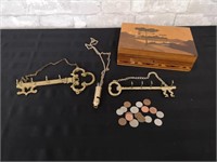 Key holders and wooden box and coin.