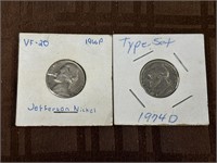 Pair Jefferson Nickels 1974D Type Set & 1966P