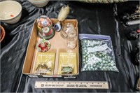 Box of Various Decorations, Glass Marbles, Rose,