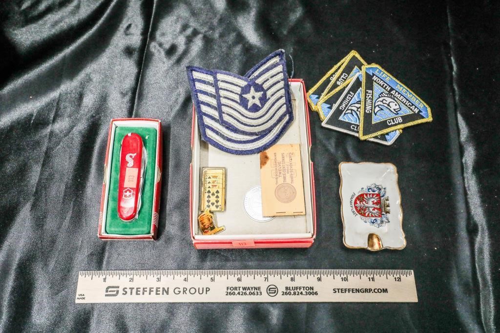 Swiss Army Knife in Box; Box of Various Patches,