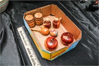 Box of Various Wooden Pieces, Apple, Salt &
