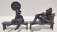 Cast Iron Drunkards on Bench Figurines, 3.5" x 3"
