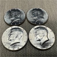 Lot of Four 1964 Kennedy Half Dollars