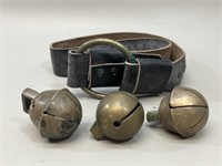 3 Horse Brass Sleigh Bells & Bridle Leather Belt