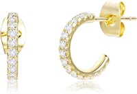 14k Gold-pl .30ct White Topaz C-hoops Earrings