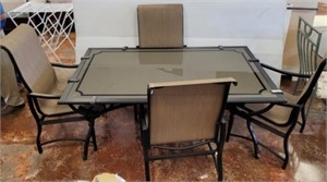 GLASS TOP IRON BASE OUTDOOR TABLE AND 4 CHAIRS