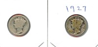 Pair of 1920's Mercury Silver Dimes